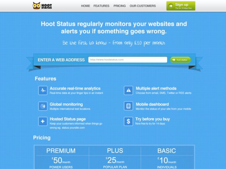 Landingpage von Hoot Status mit Logo, Funktionen und Preisen